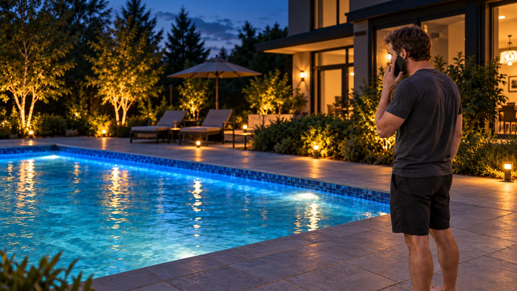 Homeowner on the phone beside a lit backyard pool at dusk